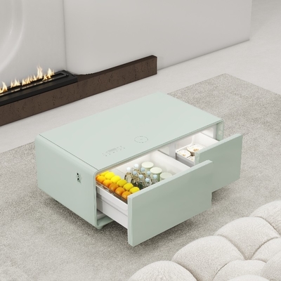 Table à café en verre trempé chic avec réfrigérateur intégré et recharge sans fil