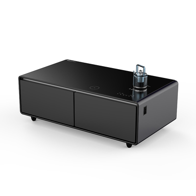 Table à café LED moderne noire multifonction avec réfrigérateur 135L et chargeur de téléphone