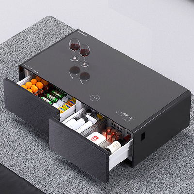 Table à café LED moderne noire multifonction avec réfrigérateur 135L et chargeur de téléphone
