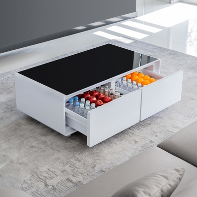 Table à café de style moderne en verre trempé avec tiroir congélateur et mini réfrigérateur