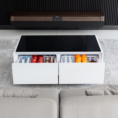 réfrigérateur de table à café moderne avec chargeur USB sans fil et haut-parleur intégré