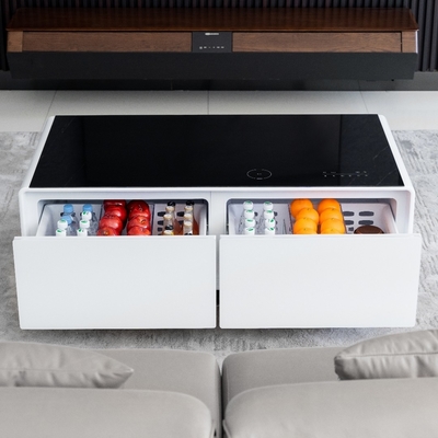 Table à café métallique moderne réglable en hauteur avec écran tactile intelligent et réfrigérateur intégré