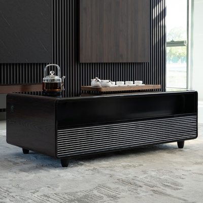 2024 Table à café intelligente avec chargeurs sans fil multifonctionnels haut-parleur à lumière ambiante LED et capacité de congélateur de 70L