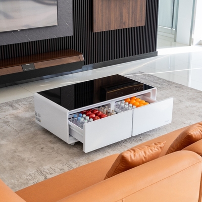 Table à café intelligente en verre trempé avec charge sans fil en fer et tiroir du réfrigérateur