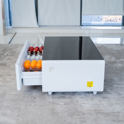 Table à café intelligente en verre trempé avec charge sans fil en fer et tiroir du réfrigérateur