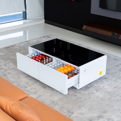 Table à café intelligente en verre trempé avec charge sans fil en fer et tiroir du réfrigérateur