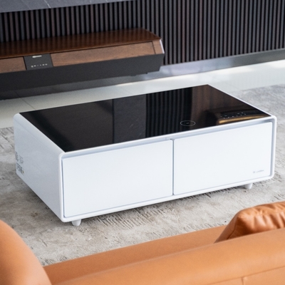 Table à café métallique de design moderne avec recharge sans fil de luxe et réfrigérateur congélateur