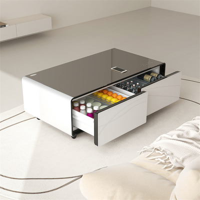 Table à café en verre moderne avec recharge et refroidissement sans fil Table d'appoint à deux tiroirs