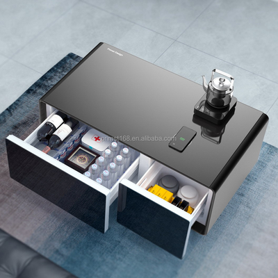 Table à café moderne avec panneau de commande LED Chargeur sans fil et réfrigérateur intégré