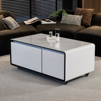 Chargement sans fil Table à café intelligente moderne avec réfrigérateur et toit en verre trempé