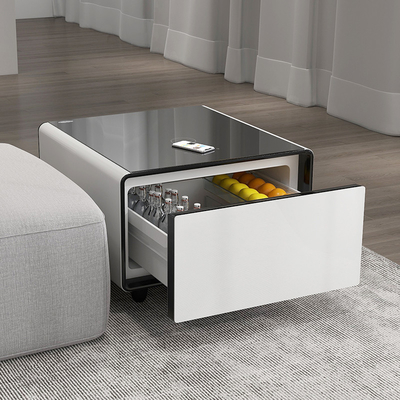 Table de salon moderne avec réfrigérateur et recharge sans fil
