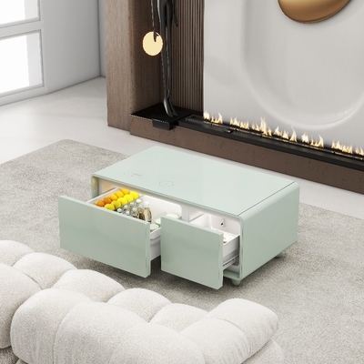 Table à café en verre trempé chic avec réfrigérateur intégré et recharge sans fil
