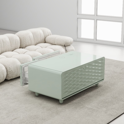 Table à café en verre trempé chic avec réfrigérateur intégré et recharge sans fil