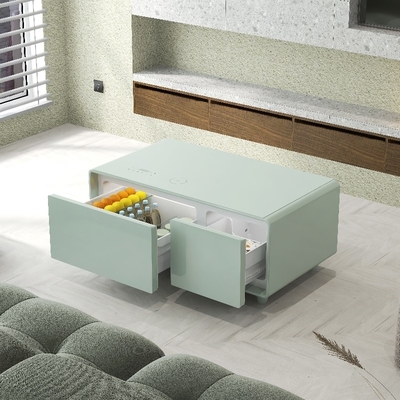 Table à café en verre trempé chic avec réfrigérateur intégré et recharge sans fil