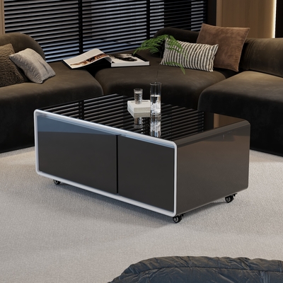 Chargement sans fil Table à café moderne avec mini réfrigérateur Meubles de salon en acier inoxydable